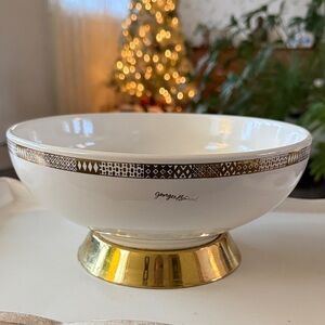 George Briard Mid Century White Ceramic Pedestal Bowl Gold Trim - Sunburst Star
